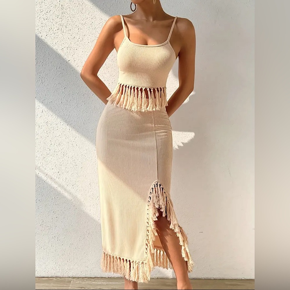Ribbed Tassel Two-piece Skirt Set